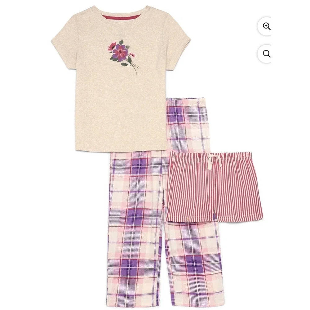 Wonder Nation-Girls-3 Piece‎ Pajama PJ-Set-FLower-Plaid-Spring-Fall-Medium (7-8)